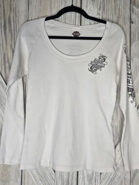 Harley Davidson Long Sleeve Shirt Womens Large Cream Alaska Graphic Sleeve Biker